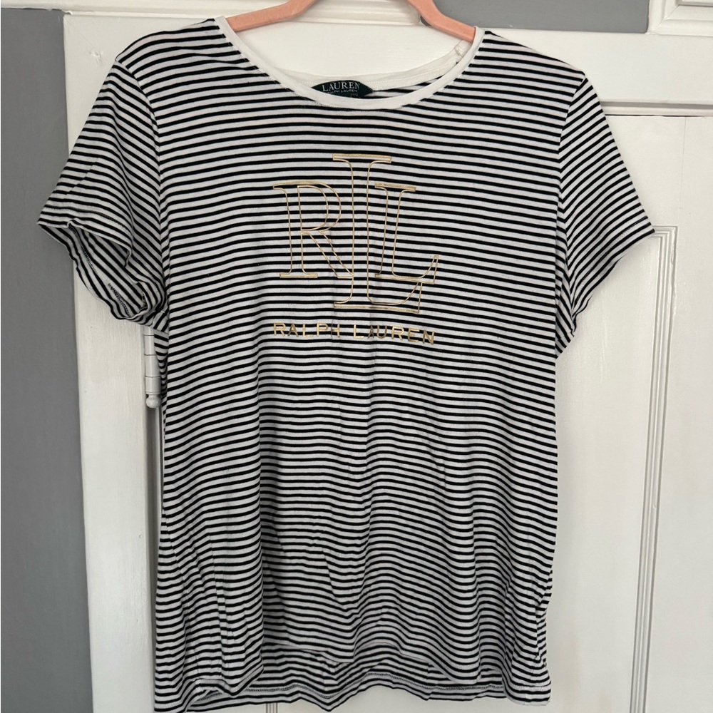 Polo Ralph Lauren Black and White Striped Tee with Gold Logo